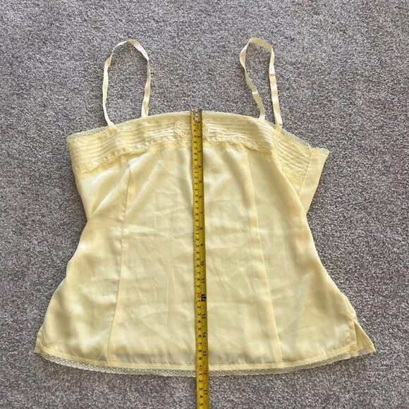 Y2K Pale Yellow Satin Pleated Embroidered Lace Cami Top M - Picture 6 of 8